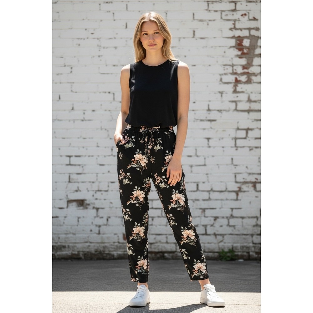 Lascana Womens Black Floral Print Sleeveless Drawstring Waist Jumpsuit Size 7